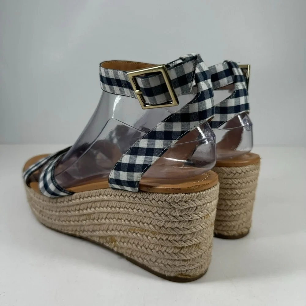 J.Crew Women's US 8.5 Navy Blue Gingham Flatform Espadrille Wedge Sandals L4669